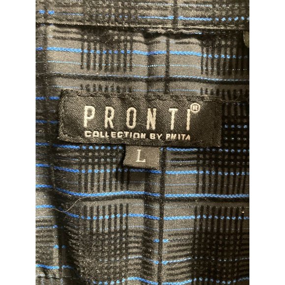 Pronti Collection By Phita Men Blue and Black Subtle Metallic Plaid Shirt Size L - Picture 5 of 6